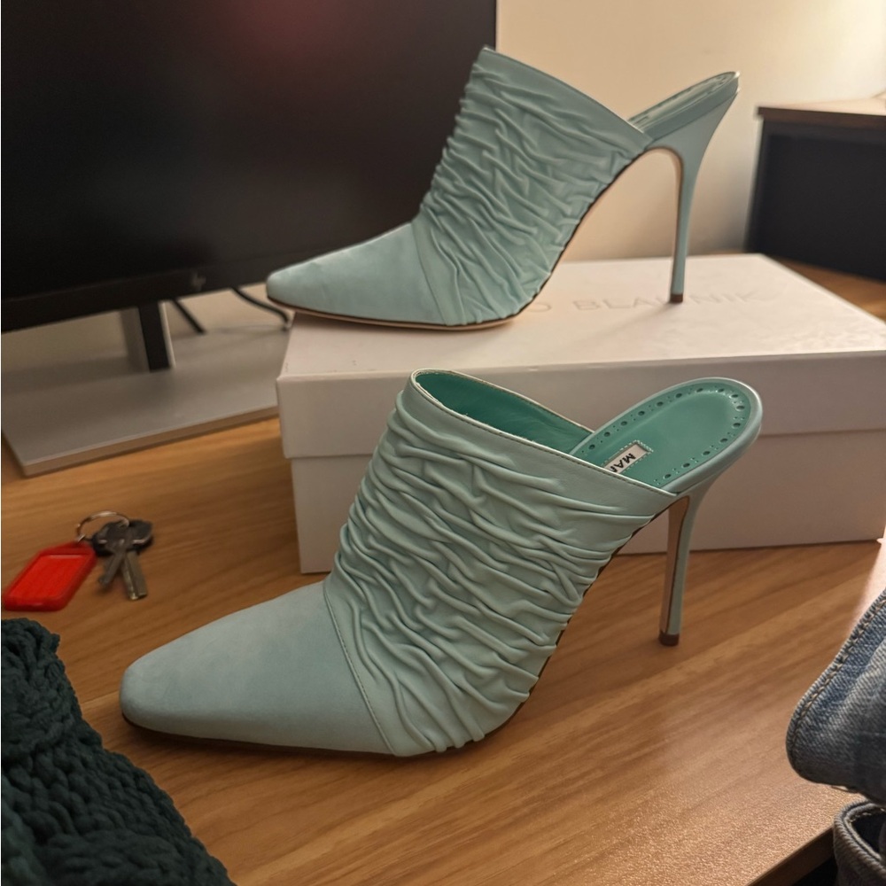 Manolo Blahnik Ruched Aqua Heels